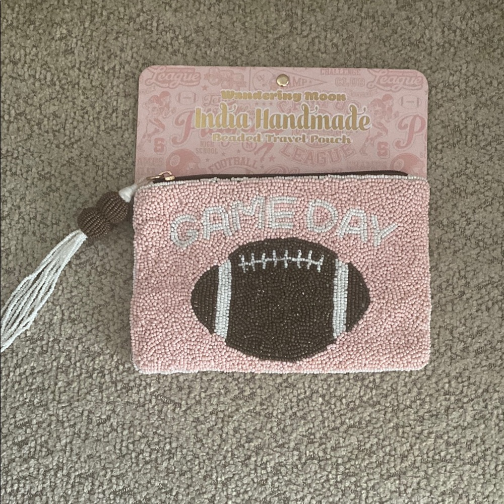 Pink Beaded Pouch with Brown Football Motif - Handmade